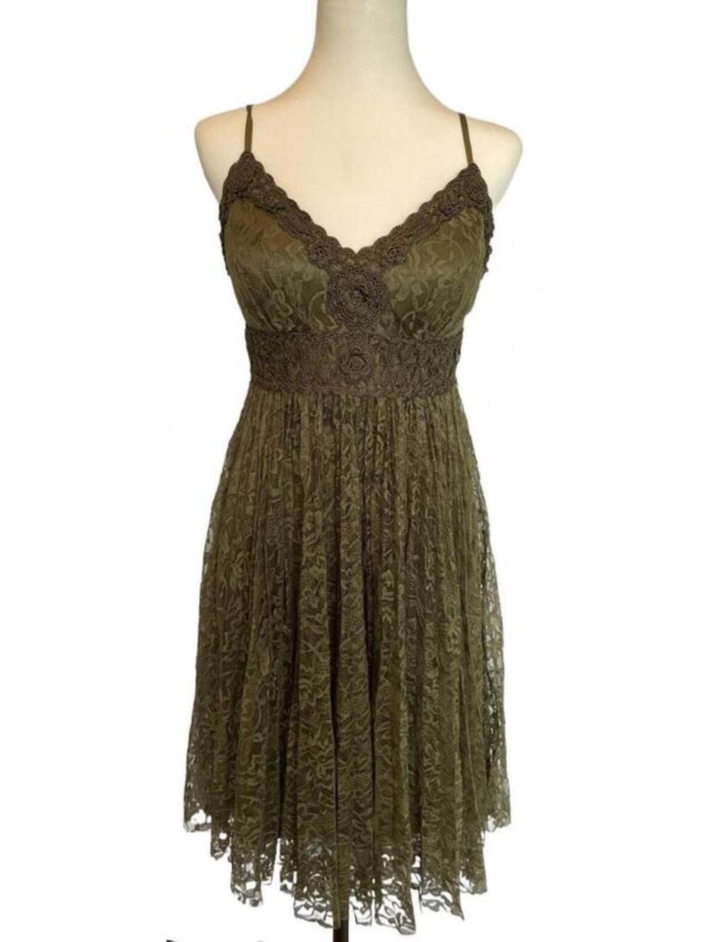 Cache Olive Green Lace Empire Waist Midi Dress Women's 6 Romantic Boho
